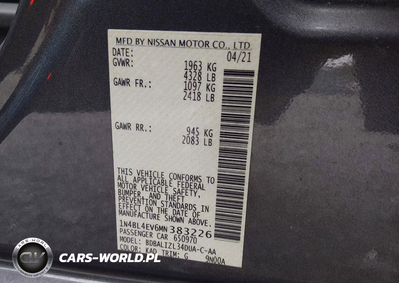 2021 Nissan Altima Sl Fwd VIN:1N4BL4EV6MN383226 - 9