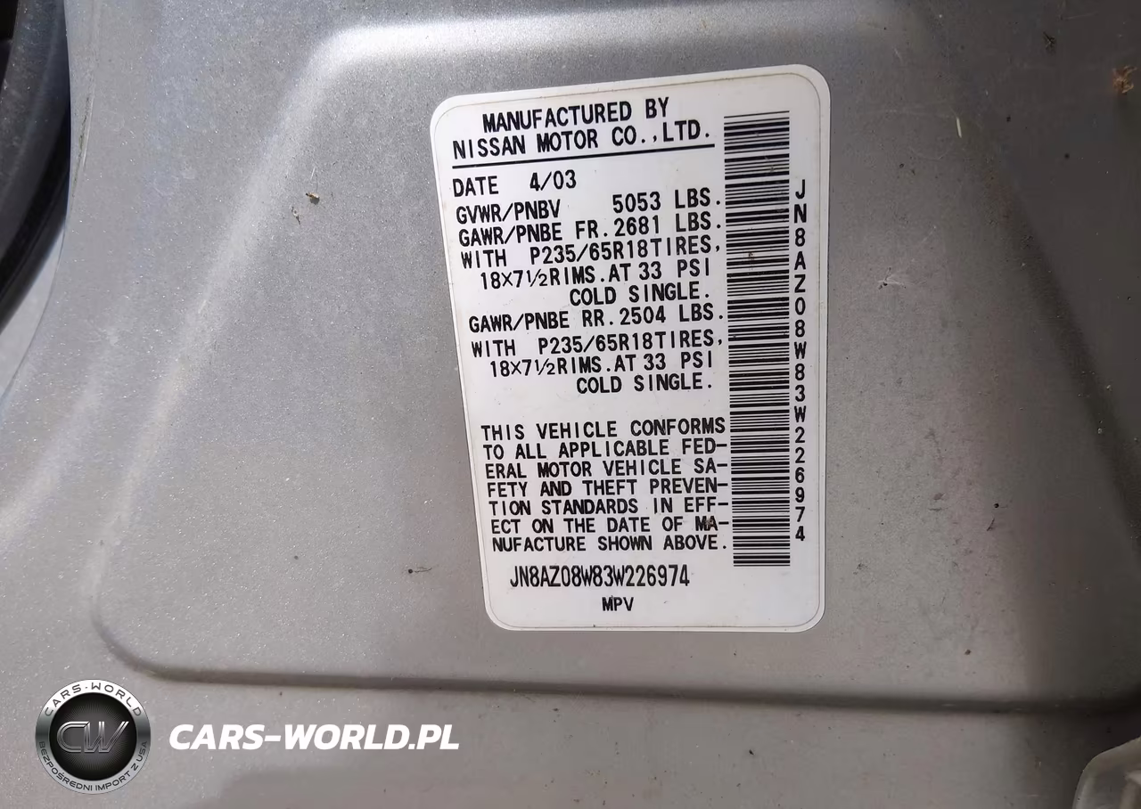 2003 Nissan Murano Se VIN:JN8AZ08W83W226974 - 9