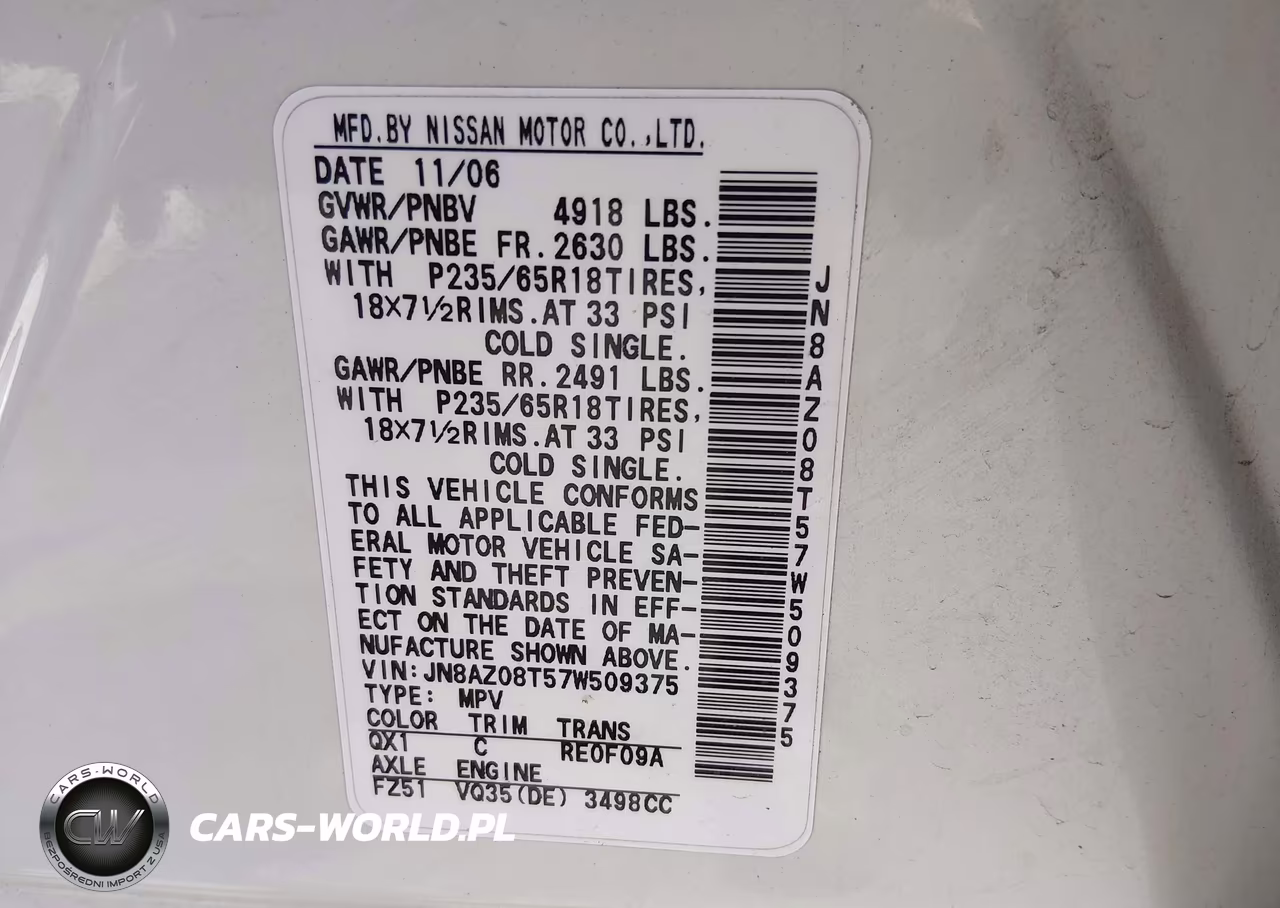 2007 Nissan Murano Sl VIN:JN8AZ08T57W509375 - 9
