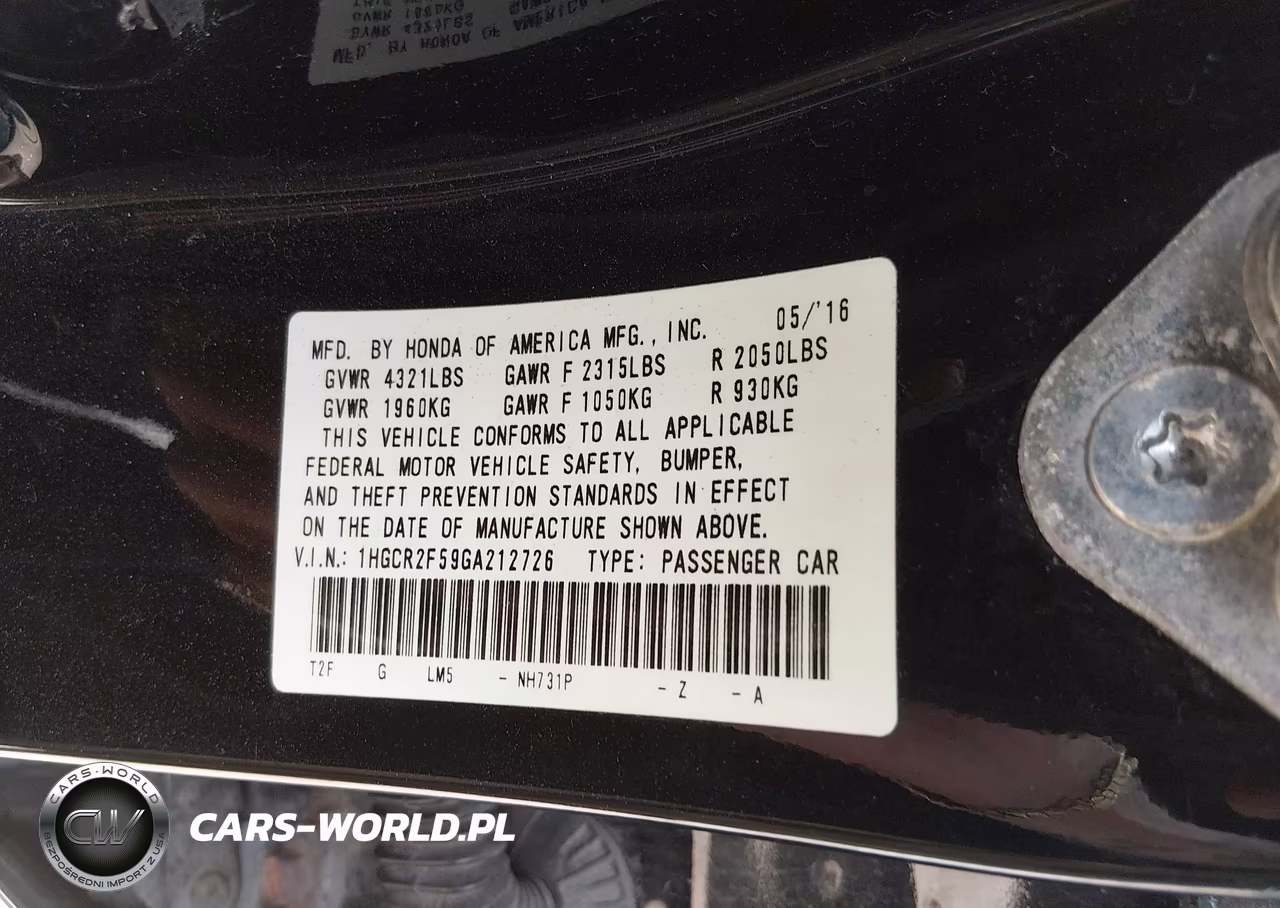 2016 Honda Accord Sport VIN:1HGCR2F59GA212726 - 9