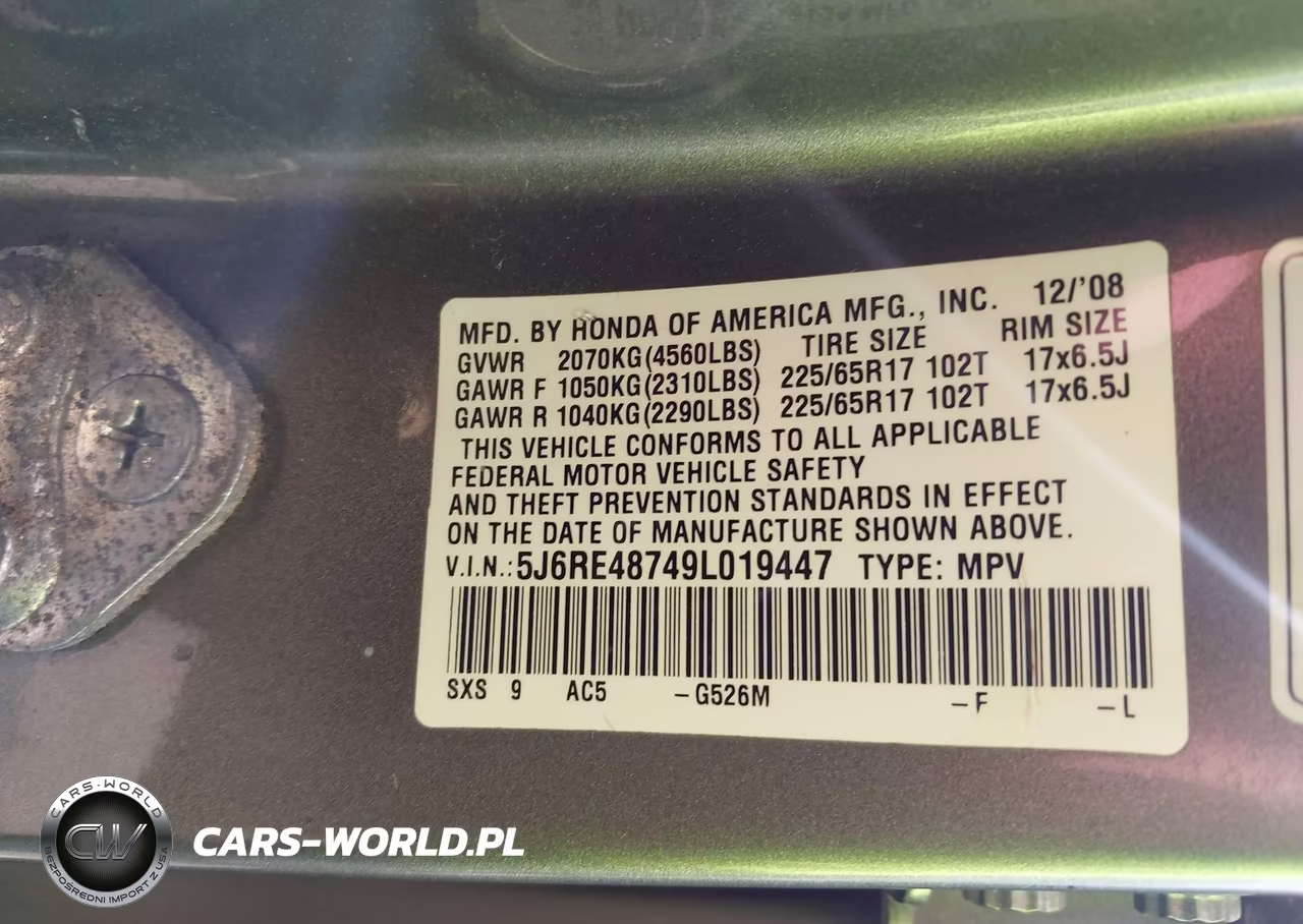 2009 Honda Cr-V Ex-L VIN:5J6RE48749L019447 - 9
