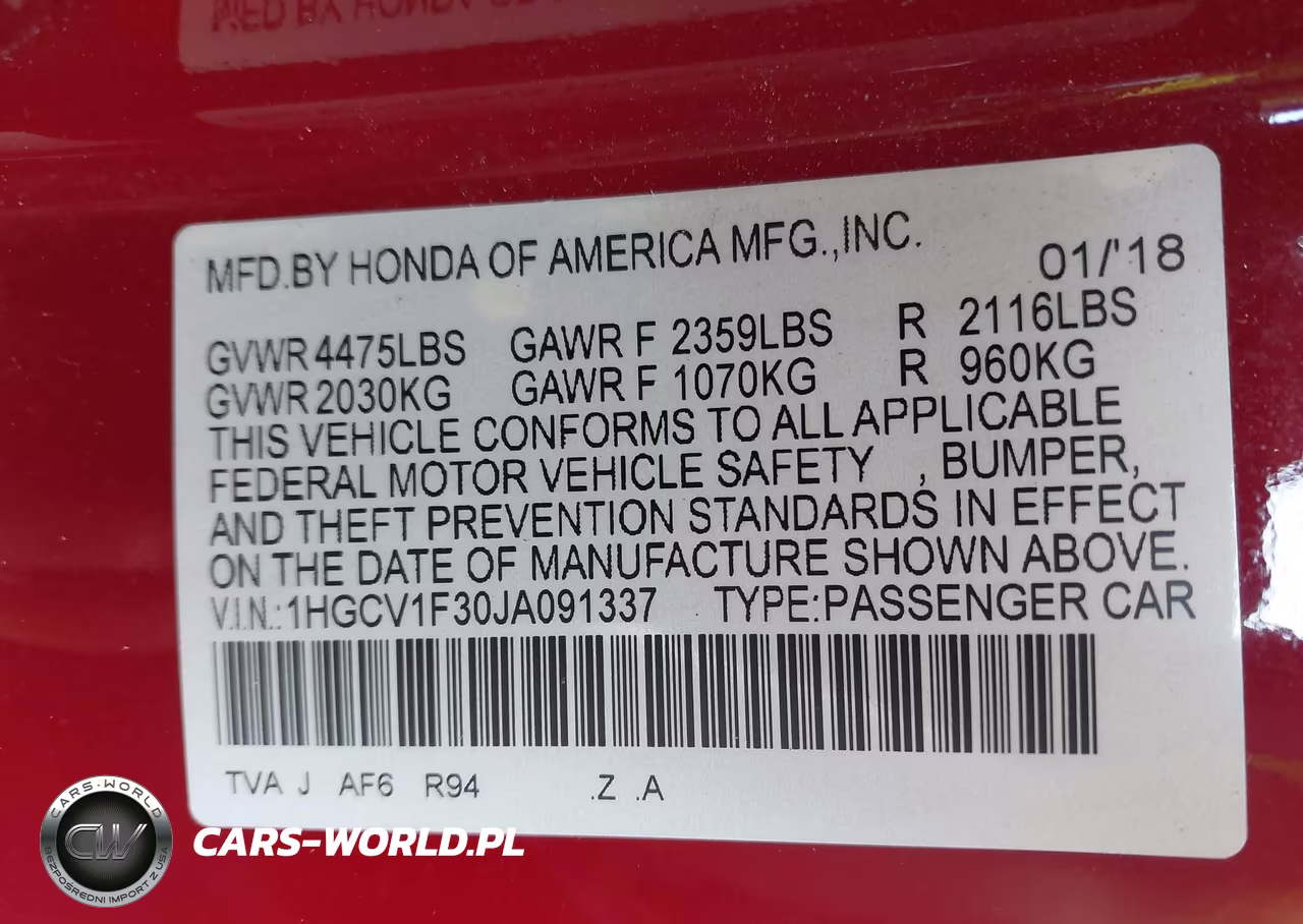 2018 Honda Accord Sport VIN:1HGCV1F30JA091337 - 9