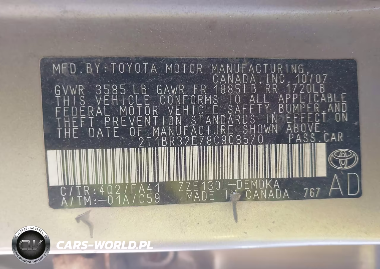 2008 Toyota Corolla Ce VIN:2T1BR32E78C908570 - 9