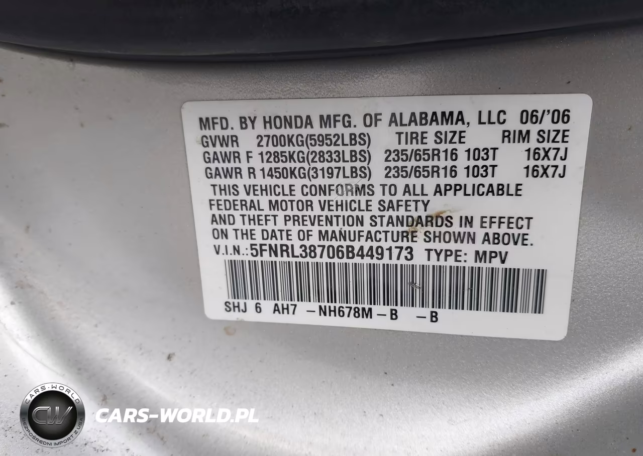 2006 Honda Odyssey Ex-L VIN:5FNRL38706B449173 - 9