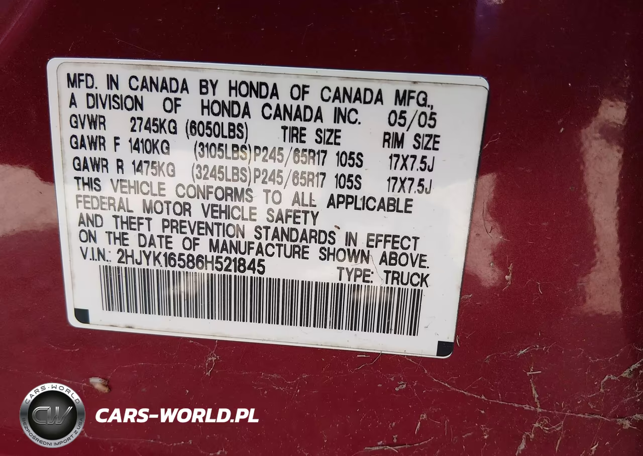 2006 Honda Ridgeline Rtl VIN:2HJYK16586H521845 - 9
