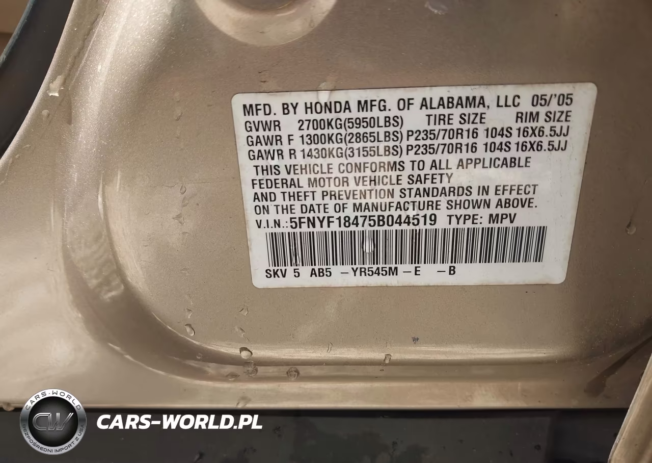 2005 Honda Pilot Ex VIN:5FNYF18475B044519 - 9
