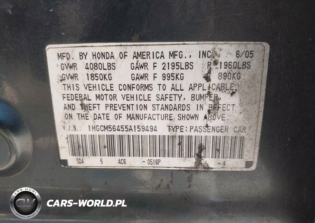 2005 Honda Accord 2.4 Lx VIN:1HGCM56455A159494 - 9