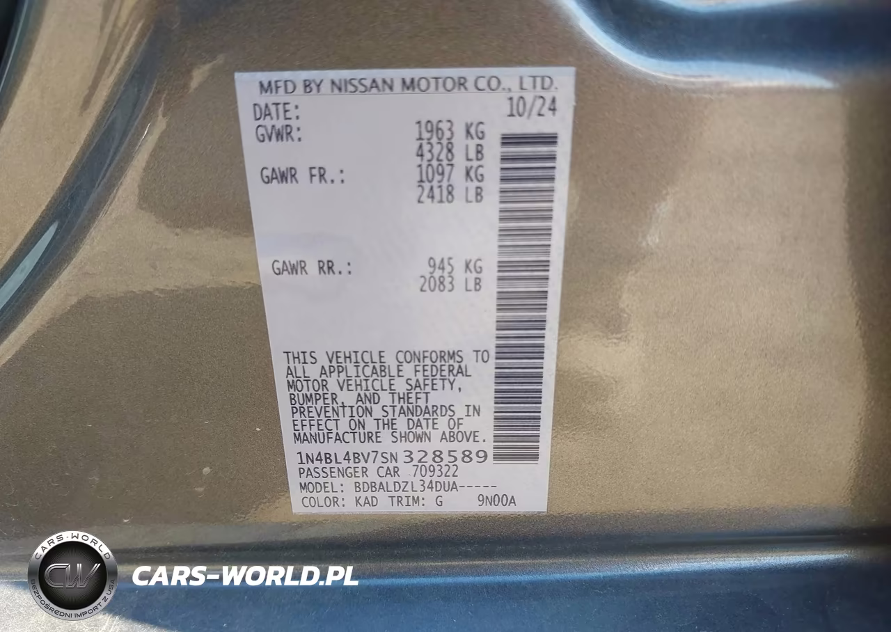 2025 Nissan Altima S Fwd VIN:1N4BL4BV7SN328589 - 9
