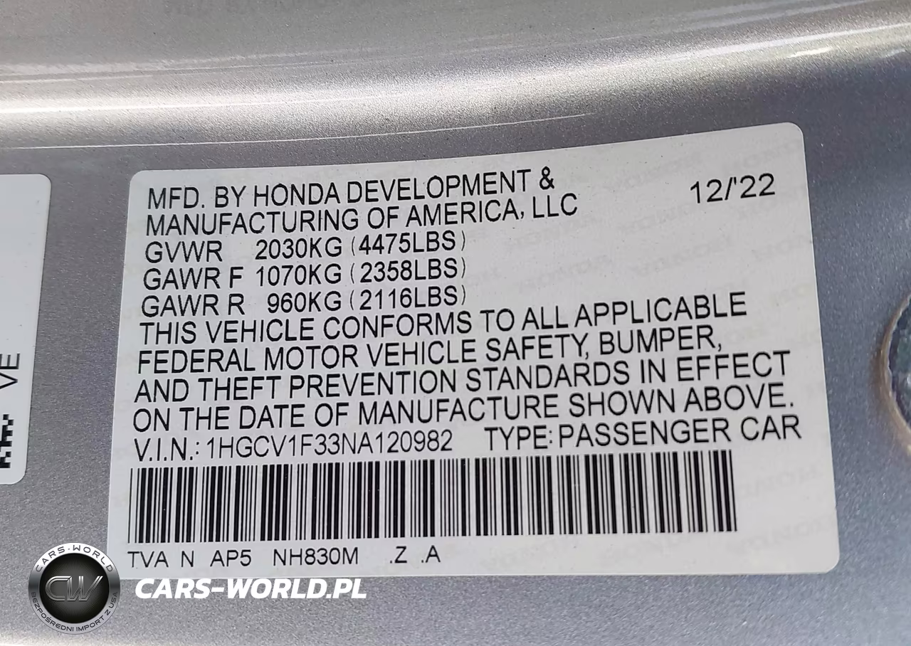 2022 Honda Accord Sport VIN:1HGCV1F33NA120982 - 9