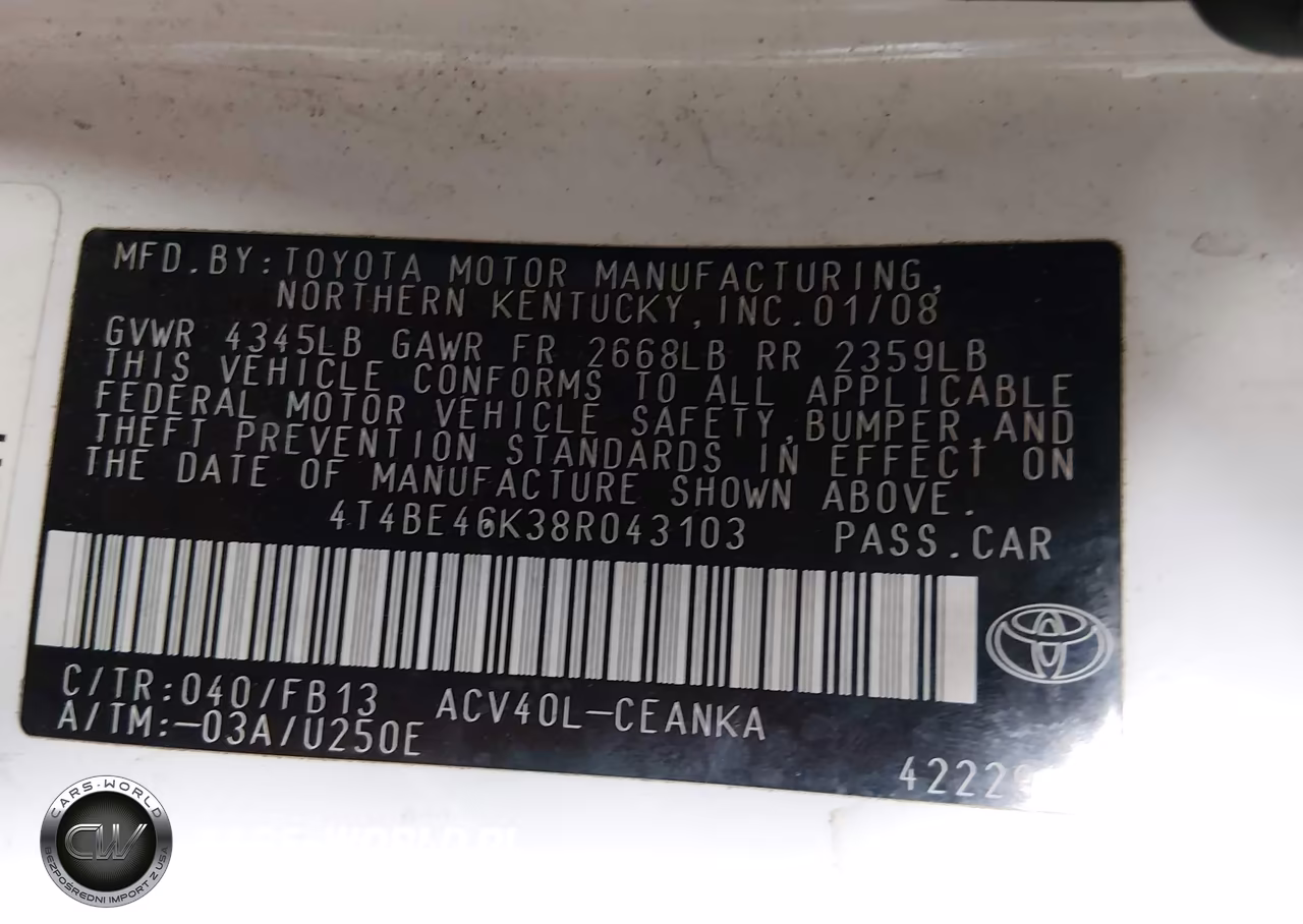 2008 Toyota Camry Le VIN:4T4BE46K38R043103 - 9