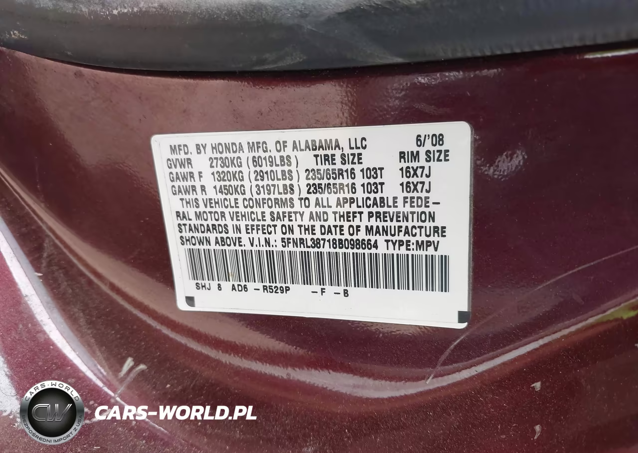 2008 Honda Odyssey Ex-L VIN:5FNRL38718B098664 - 9