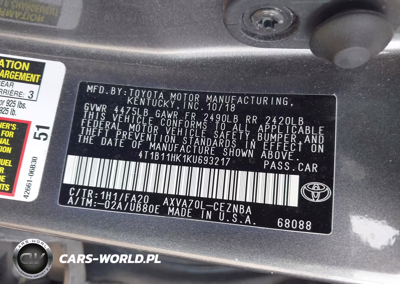 2019 Toyota Camry Le VIN:4T1B11HK1KU693217 - 9