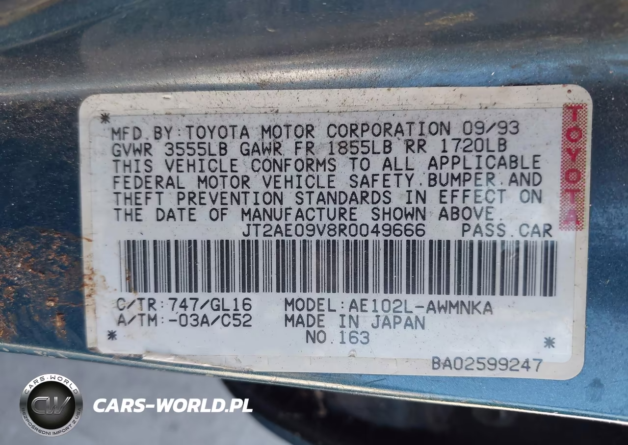 1994 Toyota Corolla Dx VIN:JT2AE09V8R0049666 - 9