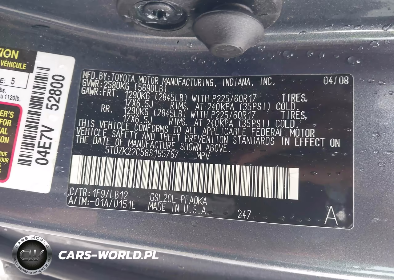 2008 Toyota Sienna Xle VIN:5TDZK22C58S195767 - 9