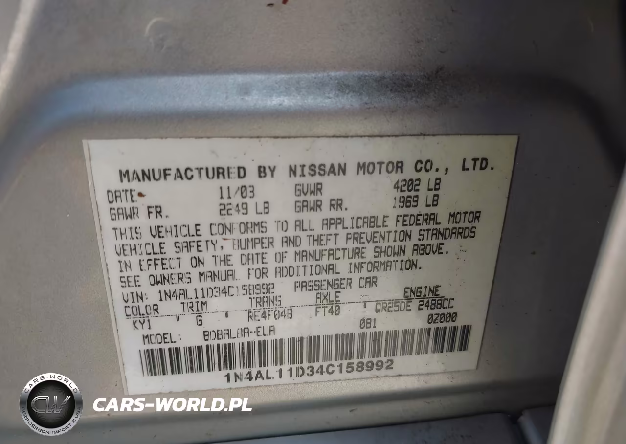 2004 Nissan Altima 2.5 S VIN:1N4AL11D34C158992 - 9