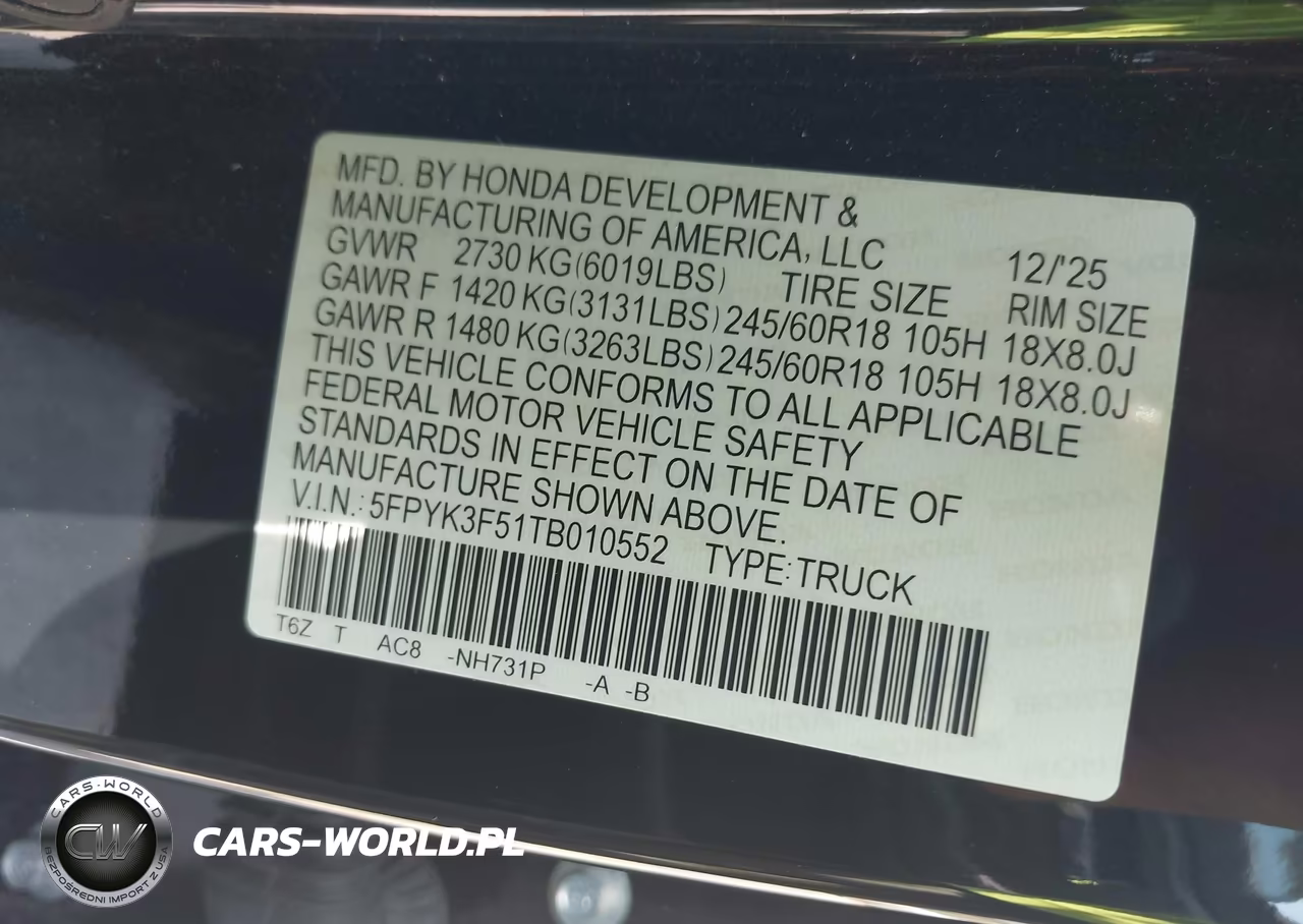 2026 Honda Ridgeline Rtl VIN:5FPYK3F51TB010552 - 9