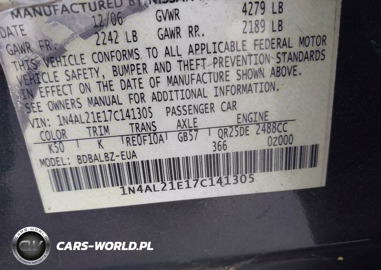 2007 Nissan Altima 2.5 S VIN:1N4AL21E17C141305 - 9