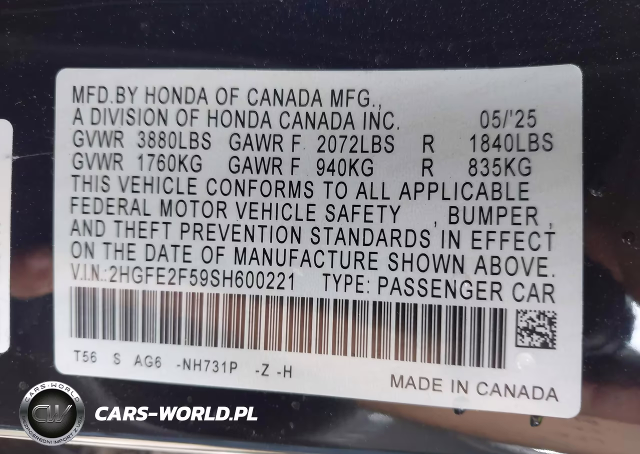 2025 Honda Civic Sport VIN:2HGFE2F59SH600221 - 9