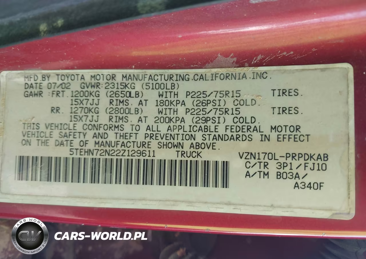 2002 Toyota Tacoma Base V6 VIN:5TEHN72N22Z129611 - 9