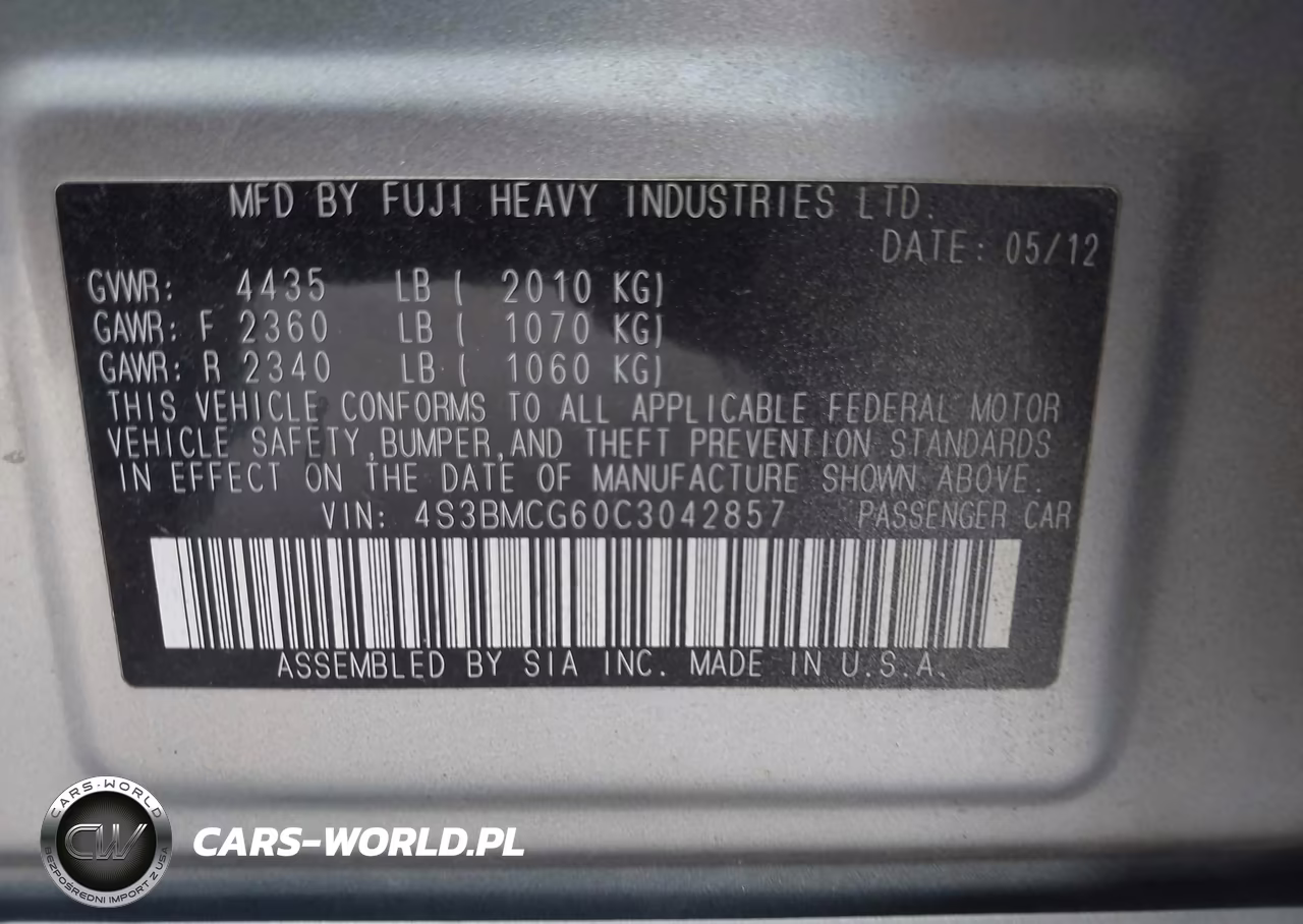 2012 Subaru Legacy 2.5I Premium VIN:4S3BMCG60C3042857 - 9