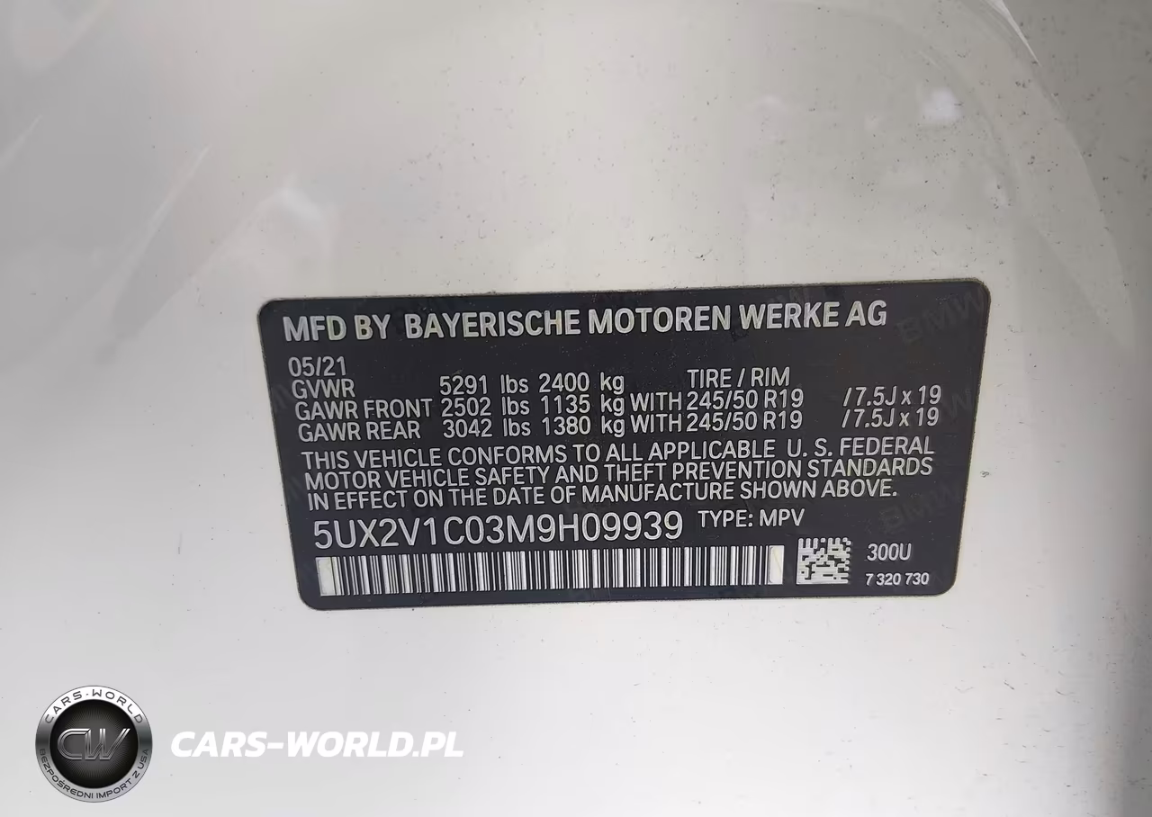 2021 BMW X4 xDrive30I VIN:5UX2V1C03M9H09939 - 9