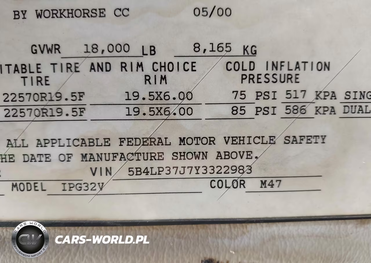 2000 Workhorse Custom Chassis Motorhome Chassis P3500 VIN:5B4LP37J7Y3322983 - 9