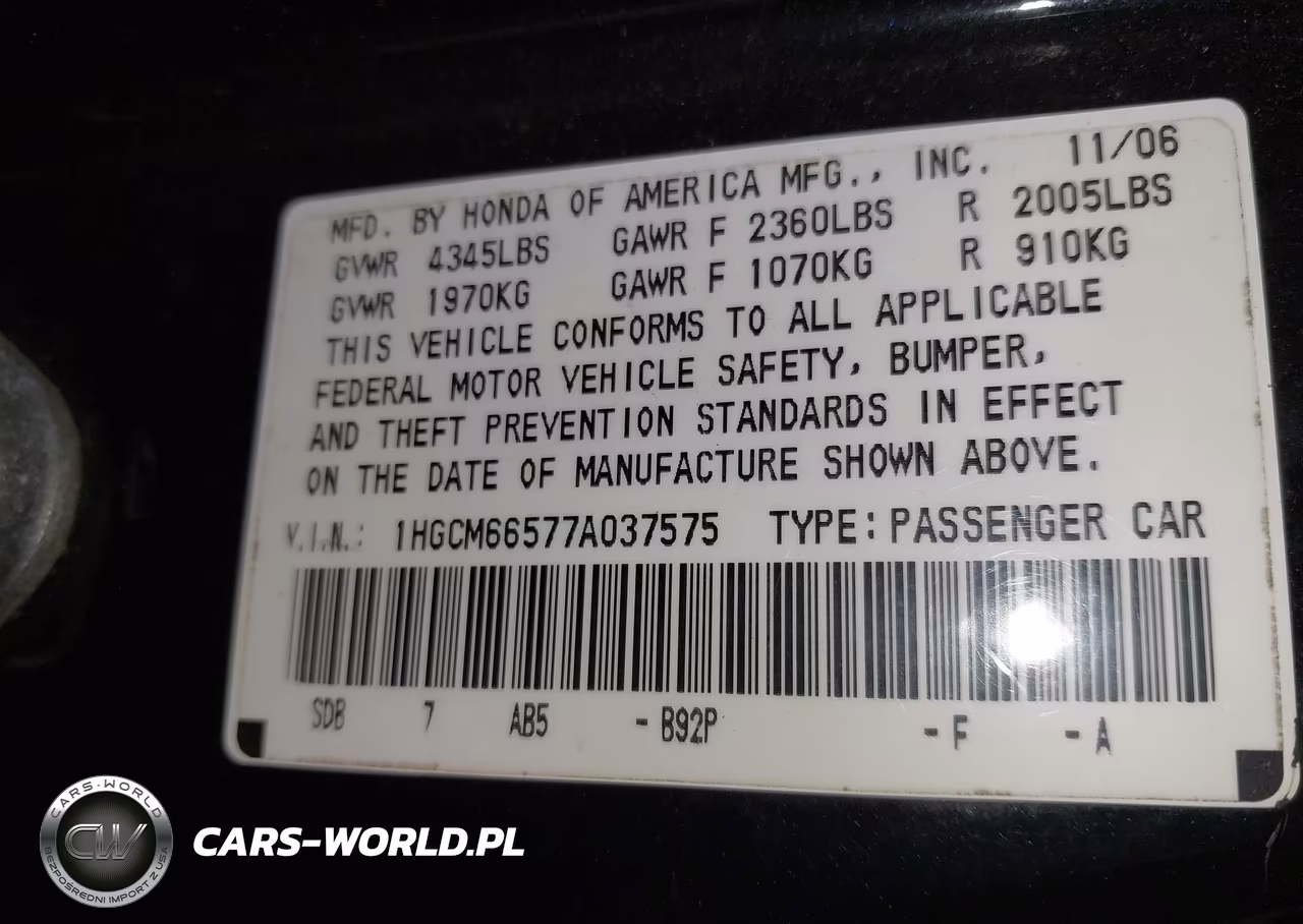 2007 Honda Accord 3.0 Ex VIN:1HGCM66577A037575 - 9