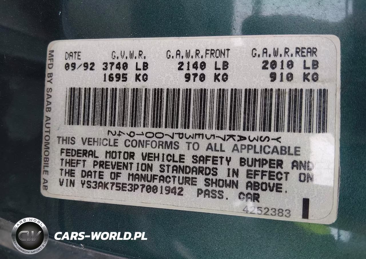 1993 Saab 900 S VIN:YS3AK75E3P7001942 - 9