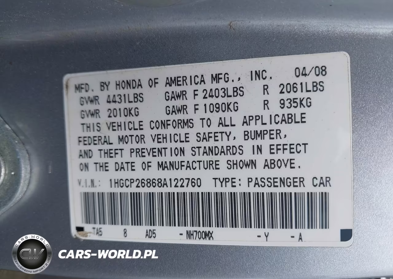 2008 Honda Accord 2.4 Ex-L VIN:1HGCP26868A122760 - 9