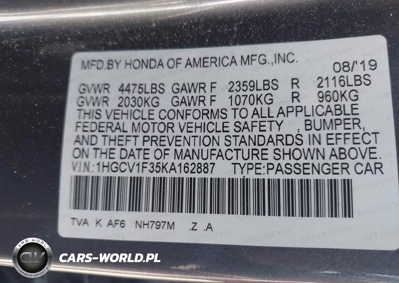 2019 Honda Accord Sport VIN:1HGCV1F35KA162887 - 9
