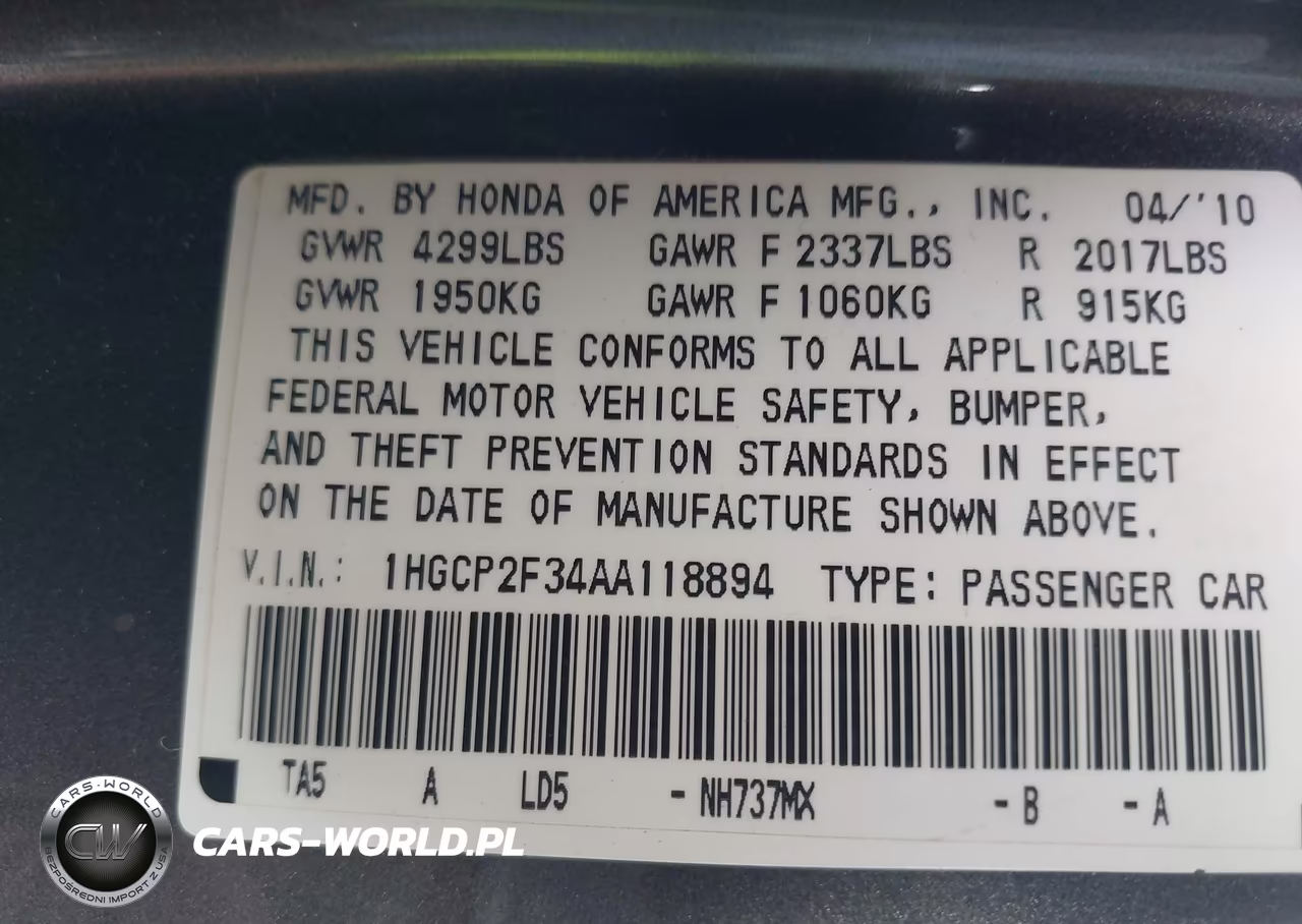 2010 Honda Accord 2.4 Lx VIN:1HGCP2F34AA118894 - 9