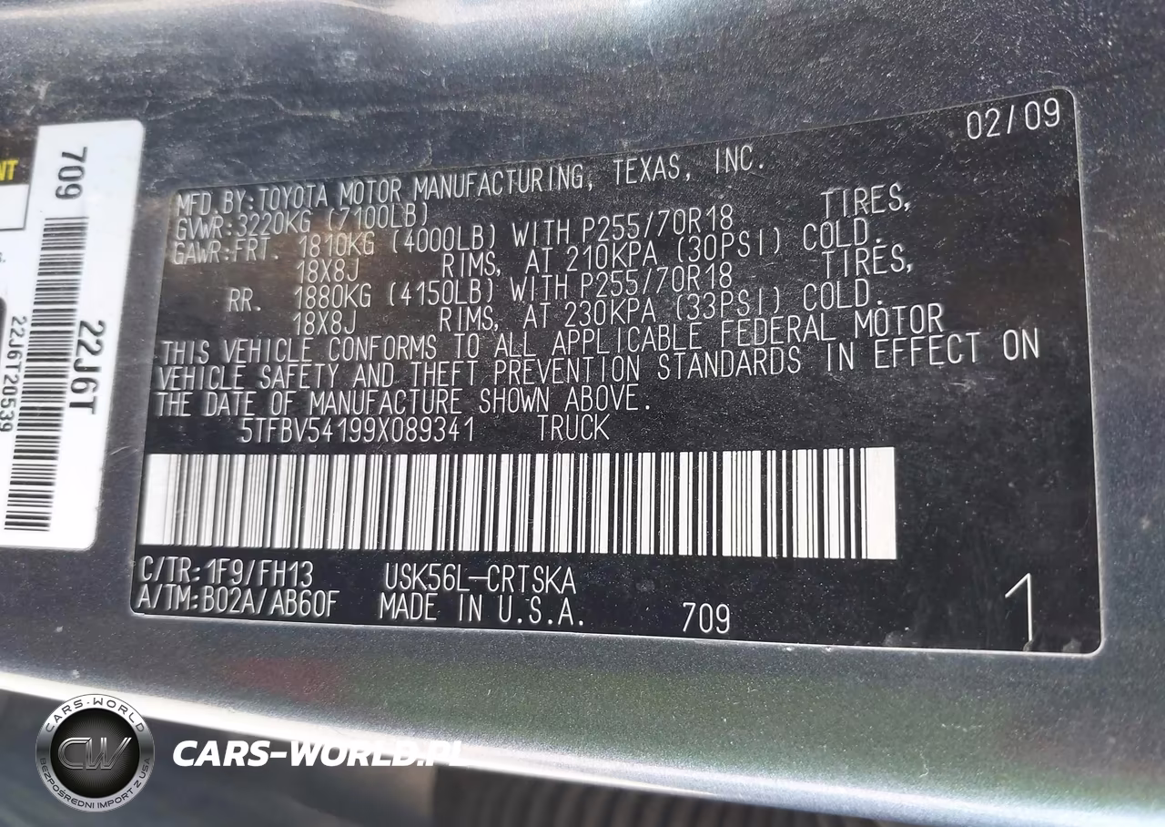2009 Toyota Tundra Grade 5.7L V8 VIN:5TFBV54199X089341 - 9