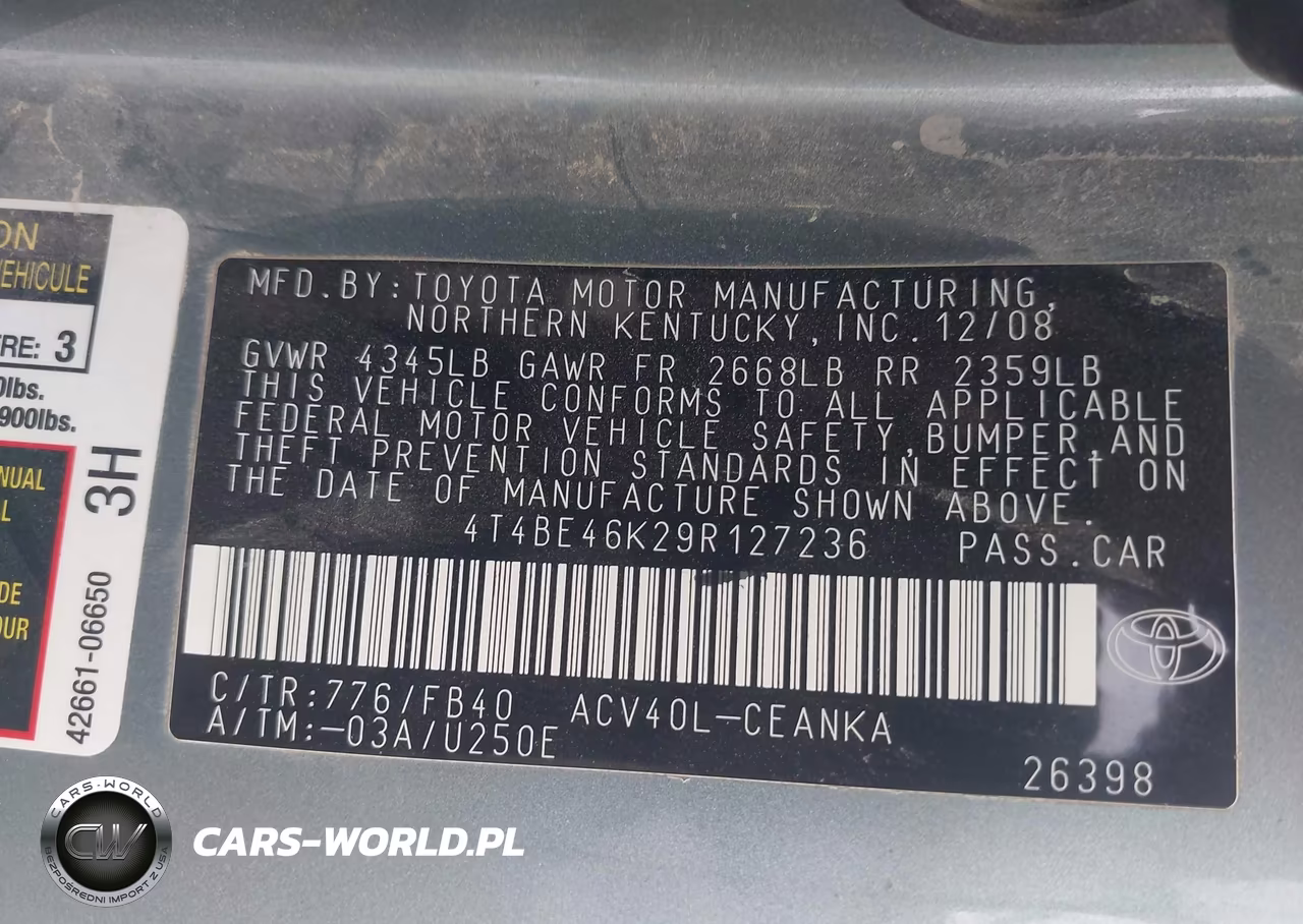2009 Toyota Camry Le VIN:4T4BE46K29R127236 - 9