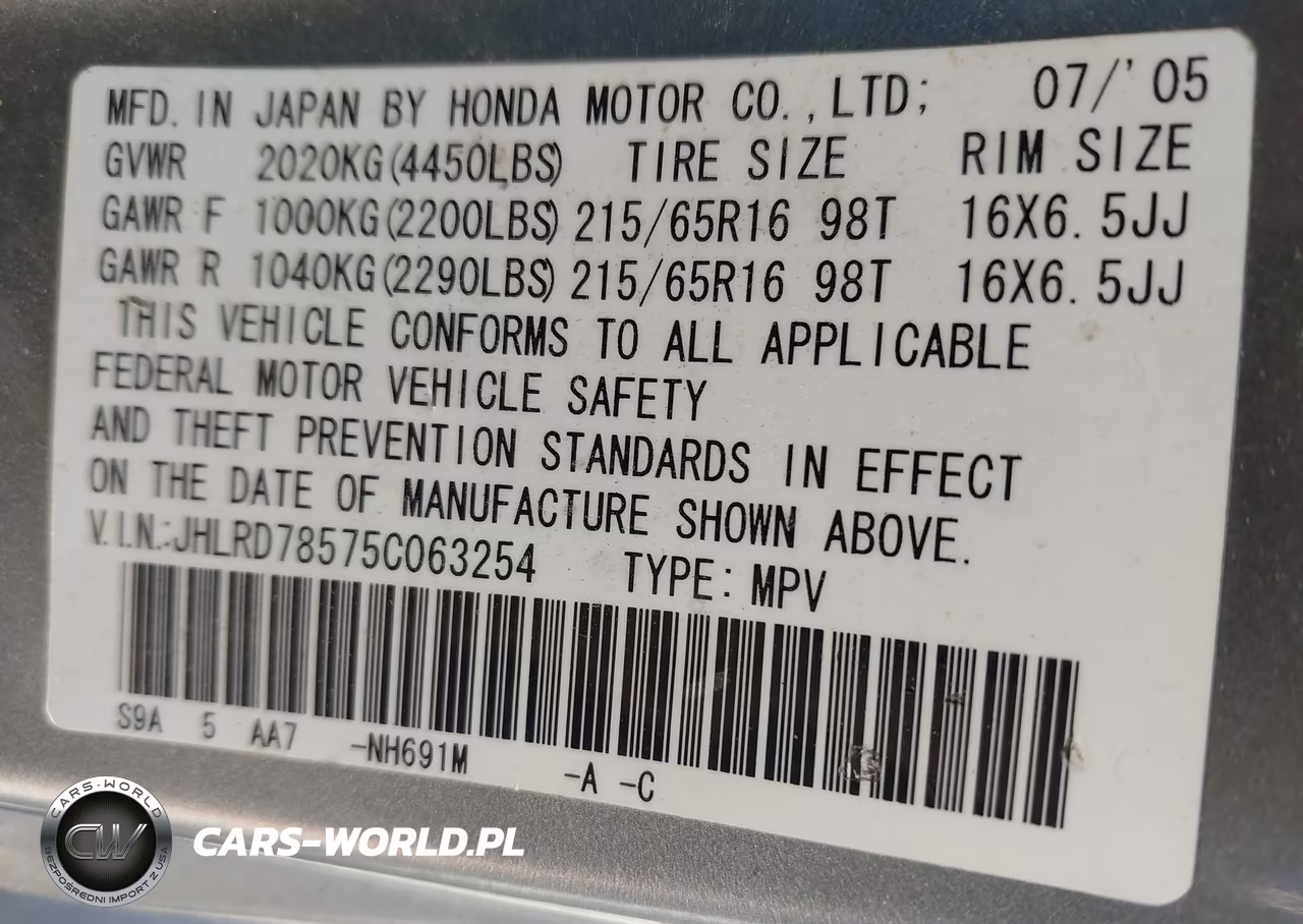 2005 Honda Cr-V Lx VIN:JHLRD78575C063254 - 9