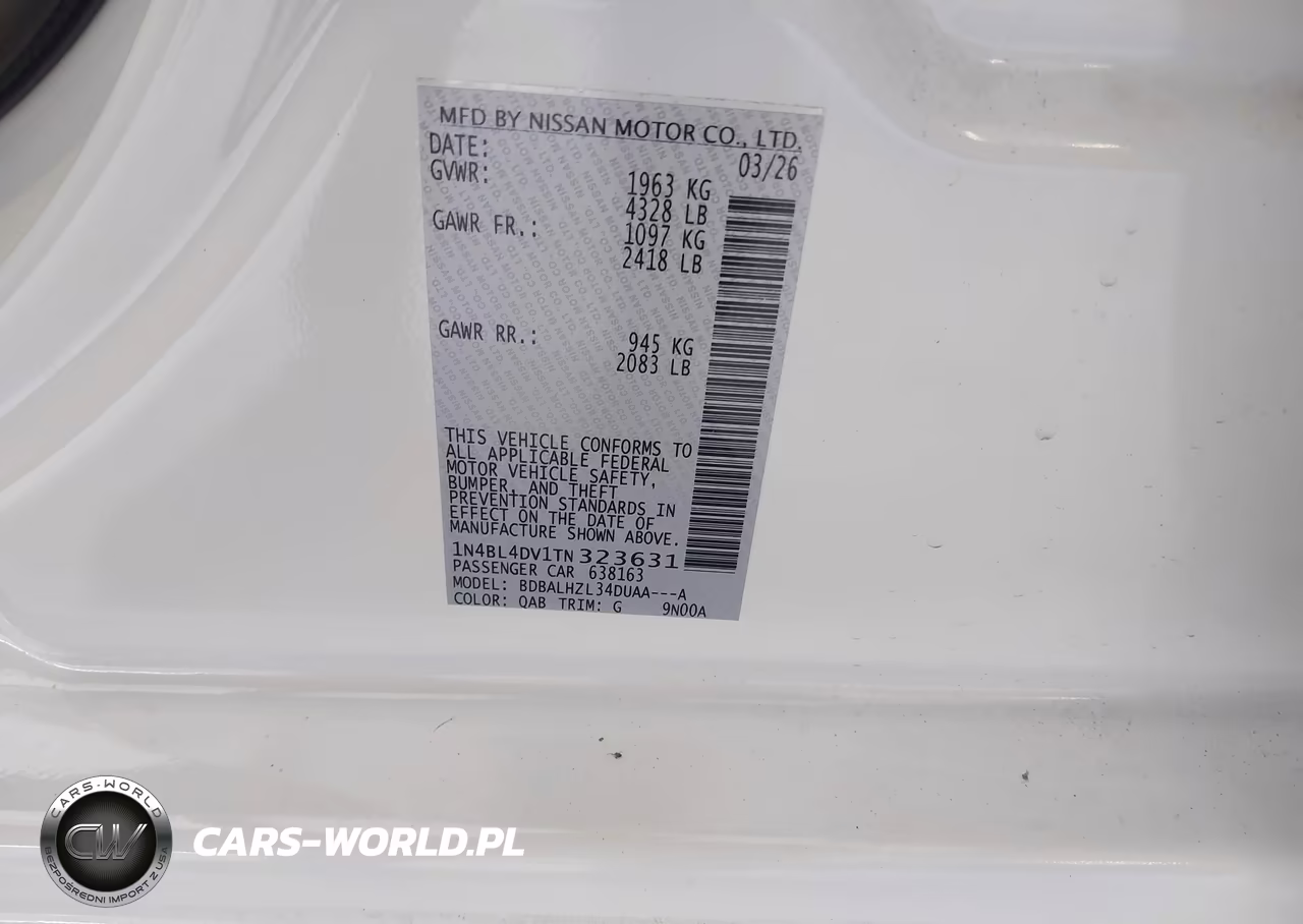 2026 Nissan Altima Sv Fwd VIN:1N4BL4DV1TN323631 - 9