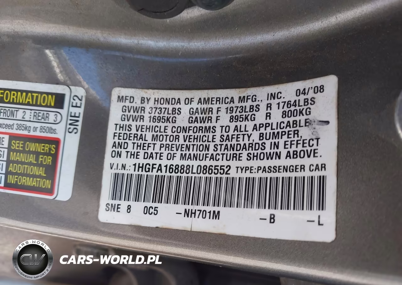 2008 Honda Civic Ex VIN:1HGFA16888L086552 - 9