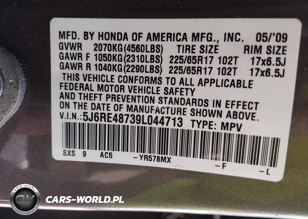 2009 Honda Cr-V Ex-L VIN:5J6RE48739L044713 - 9