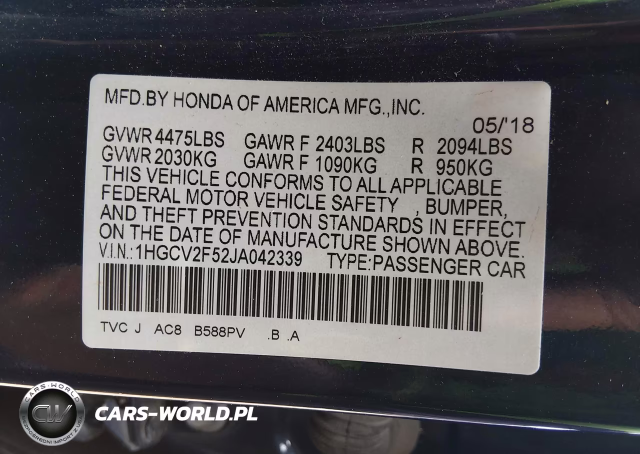 2018 Honda Accord Ex-L 2.0T VIN:1HGCV2F52JA042339 - 9