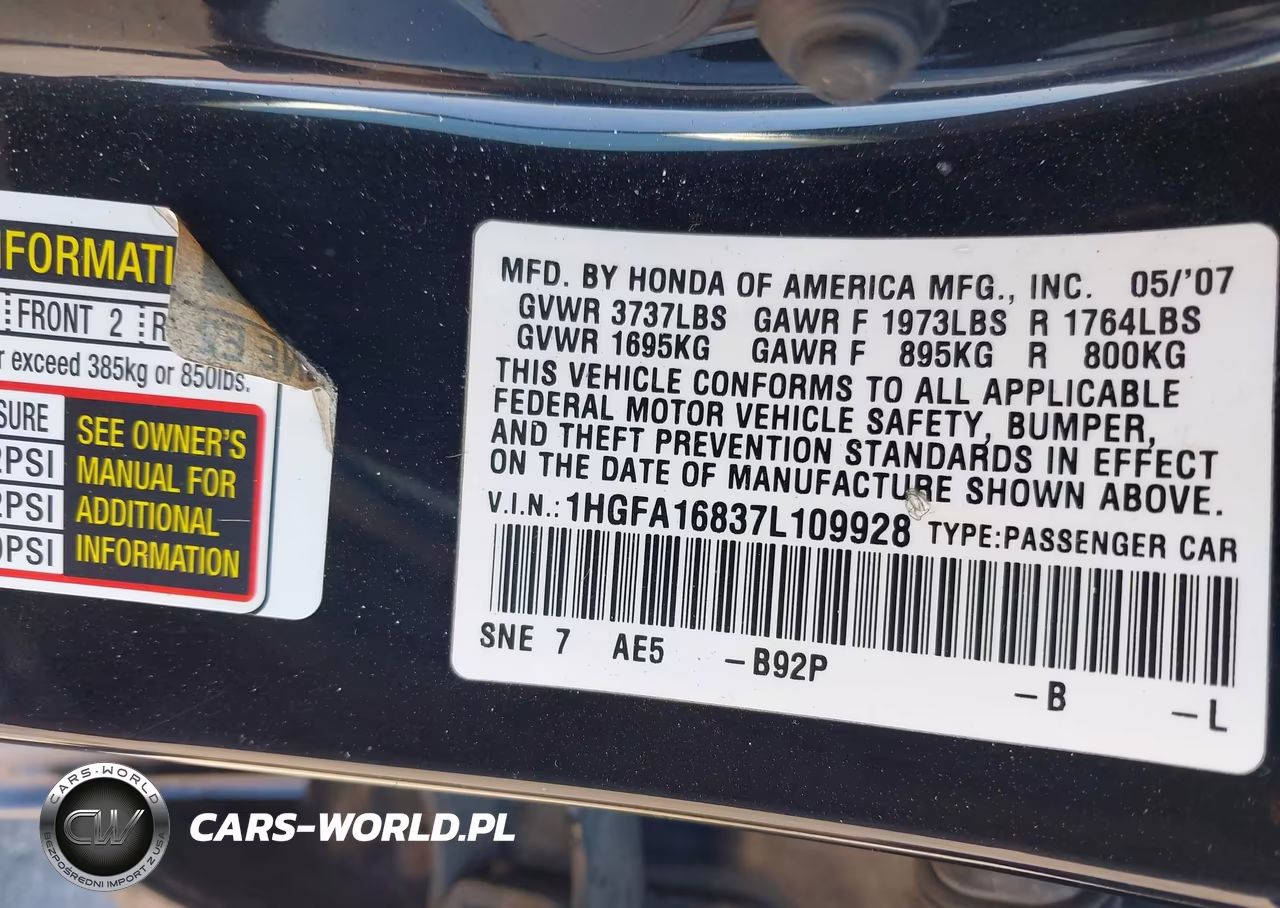 2007 Honda Civic Ex VIN:1HGFA16837L109928 - 9