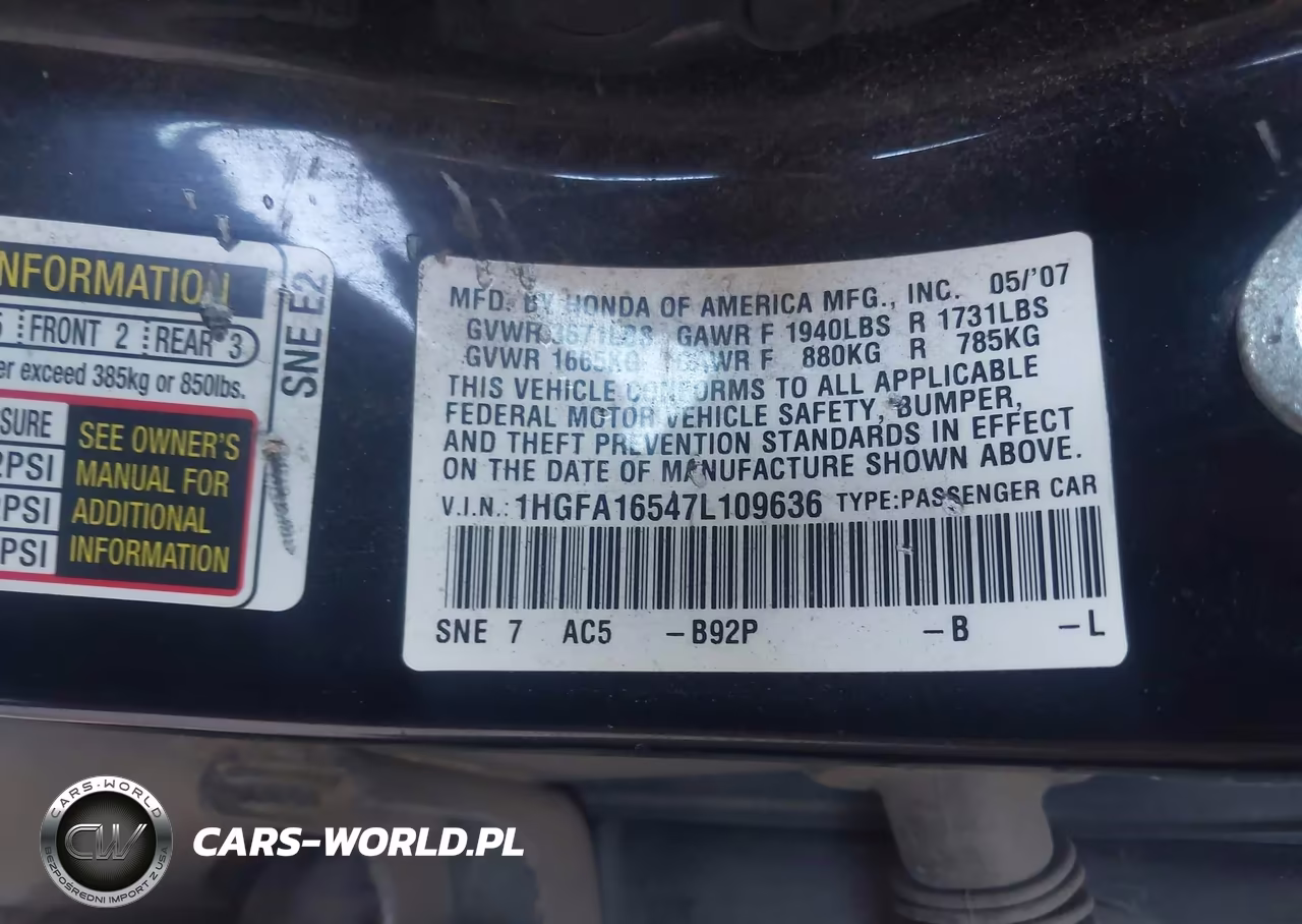 2007 Honda Civic Lx VIN:1HGFA16547L109636 - 9