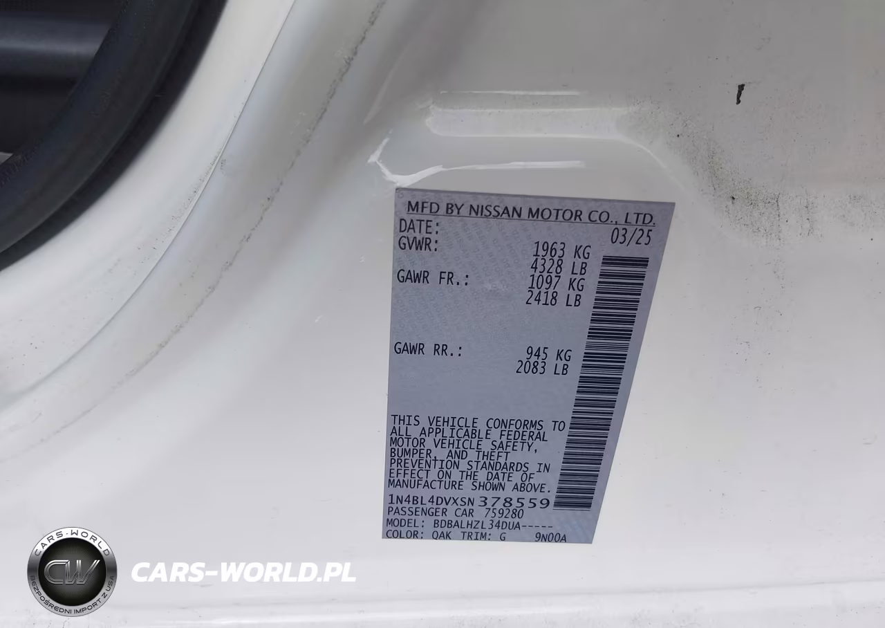2025 Nissan Altima Sv Fwd VIN:1N4BL4DVXSN378559 - 9