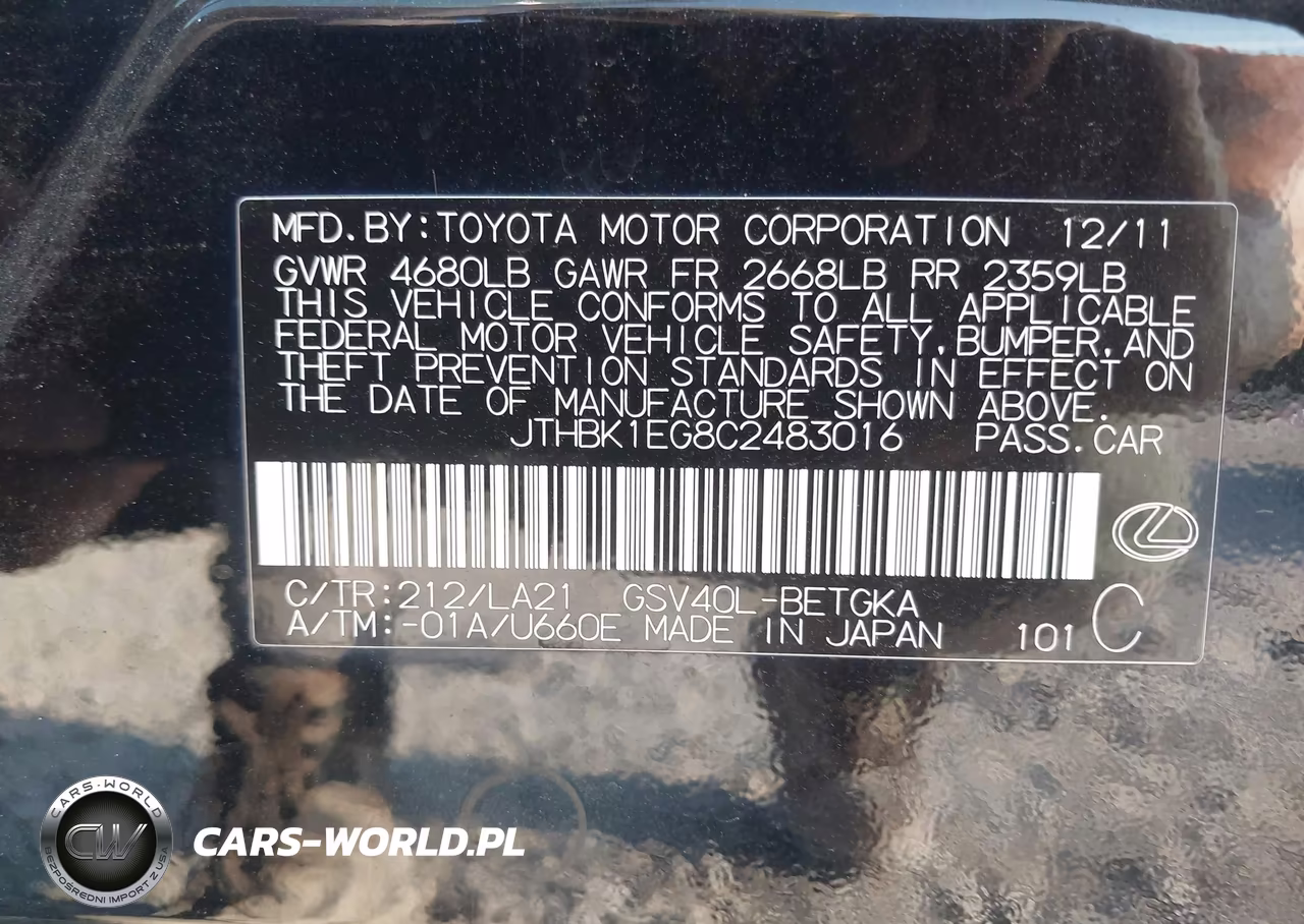2012 Lexus Es 350 VIN:JTHBK1EG8C2483016 - 9