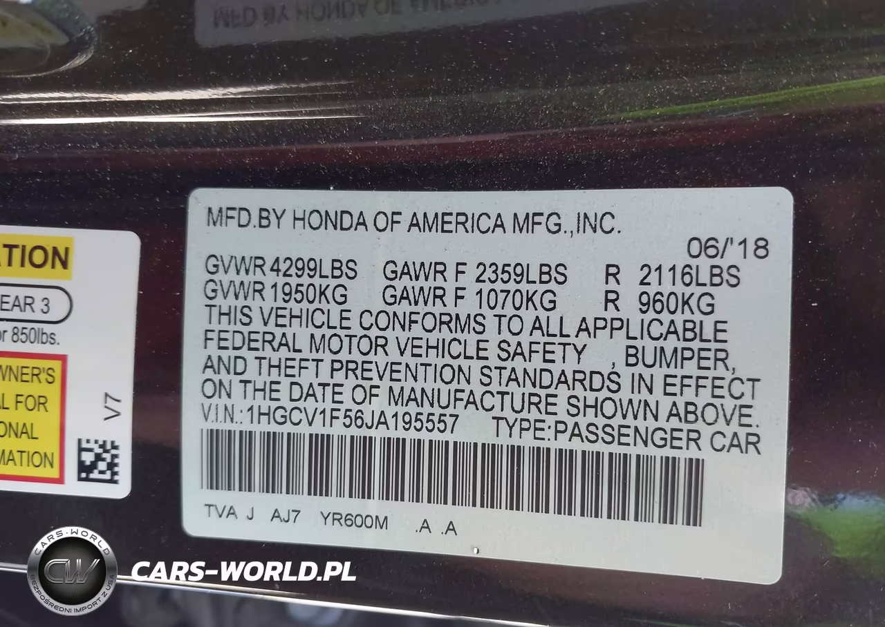 2018 Honda Accord Ex-L VIN:1HGCV1F56JA195557 - 9