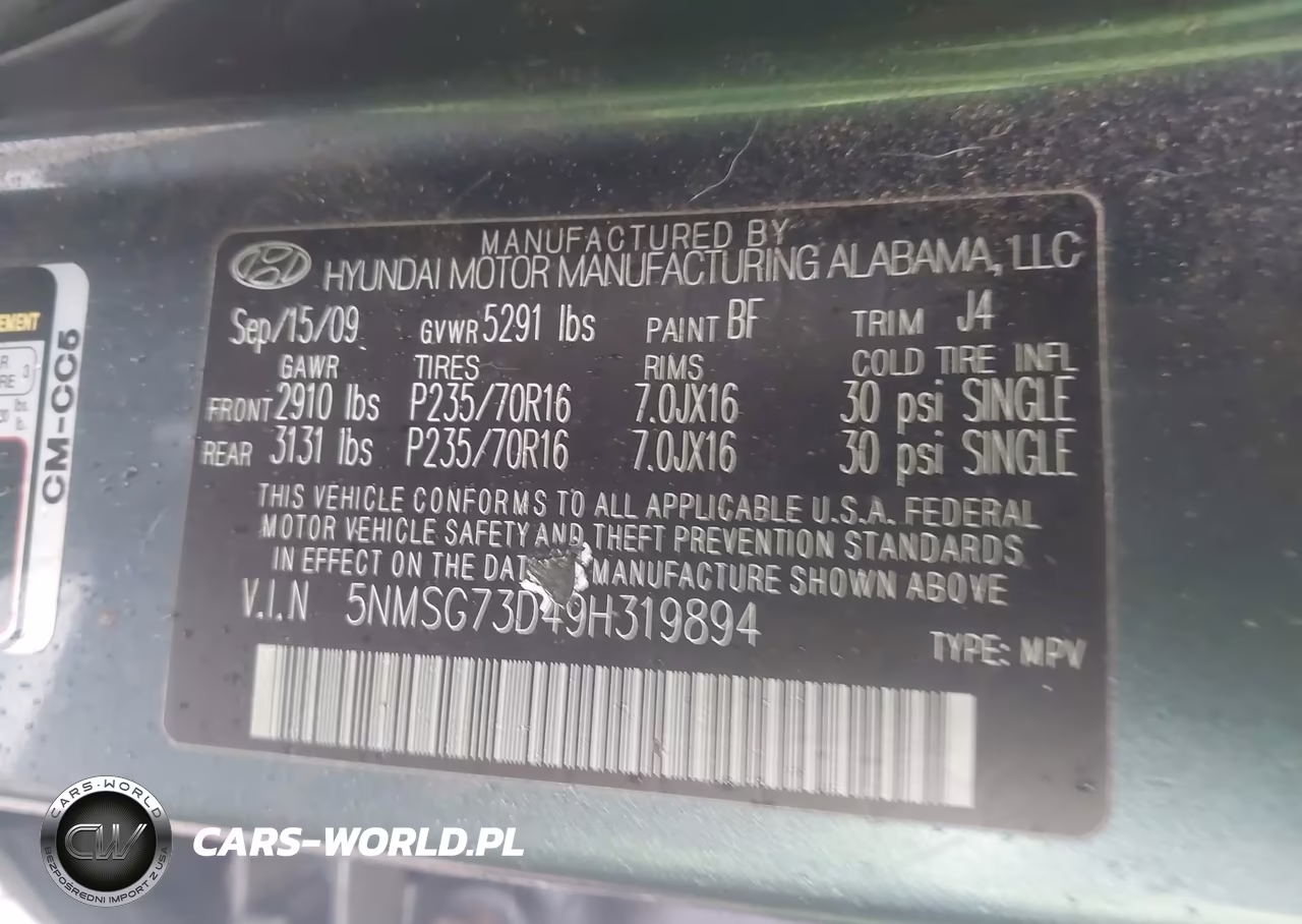 2009 Hyundai Santa Fe Gls VIN:5NMSG73D49H319894 - 9