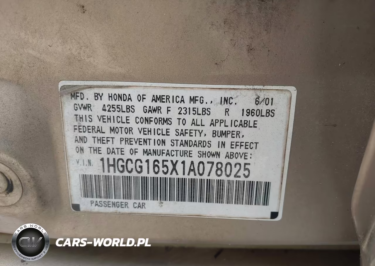 2001 Honda Accord 3.0 Ex VIN:1HGCG165X1A078025 - 9