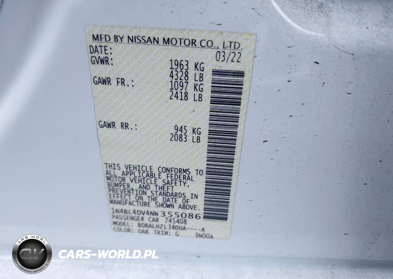 2022 Nissan Altima Sv Fwd VIN:1N4BL4DV4NN355086 - 9