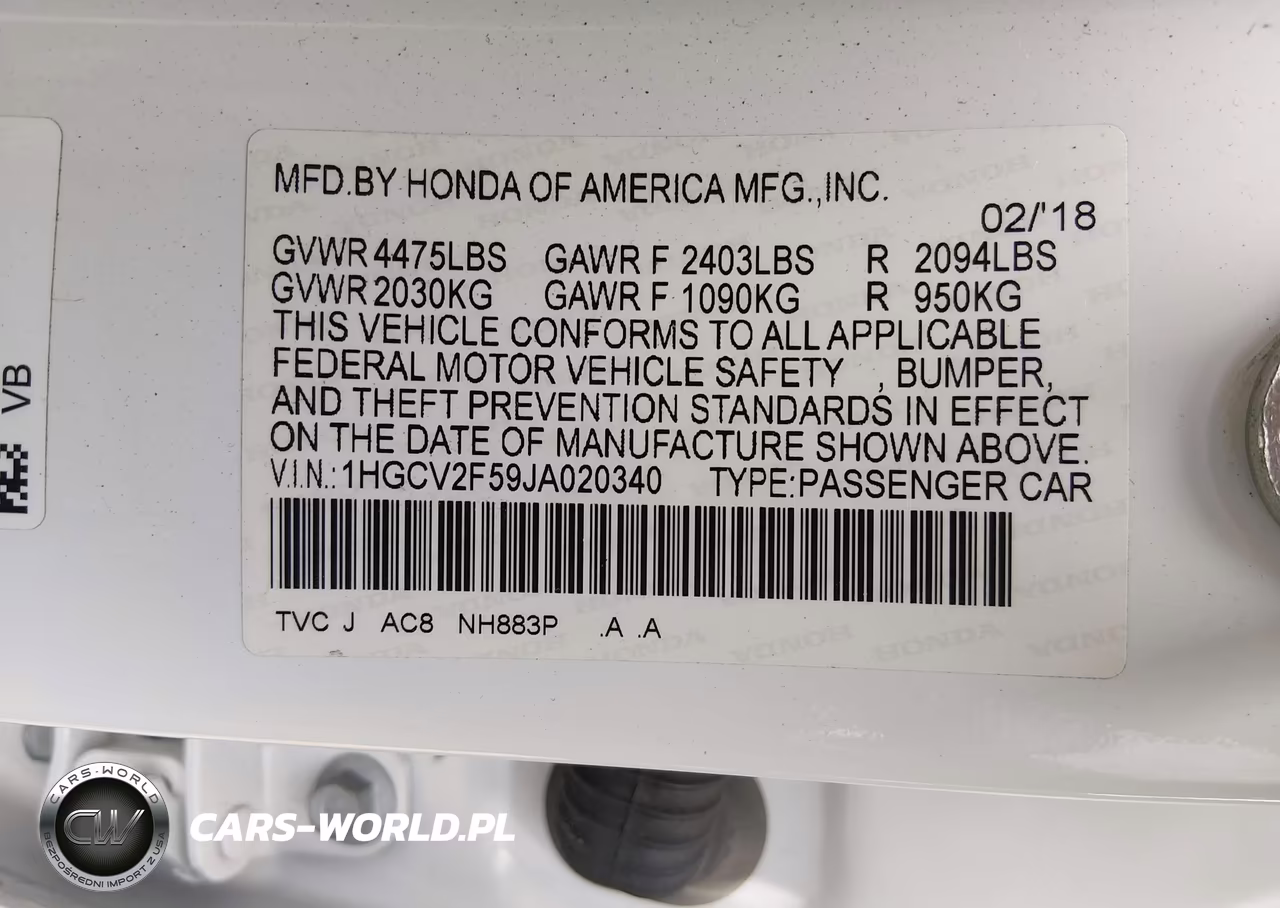 2018 Honda Accord Ex-L 2.0T VIN:1HGCV2F59JA020340 - 9