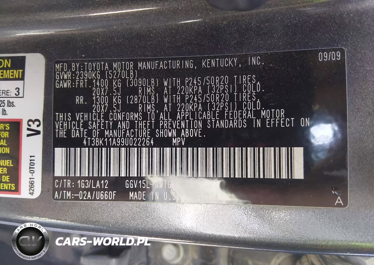 2009 Toyota Venza Base V6 VIN:4T3BK11A99U022264 - 9