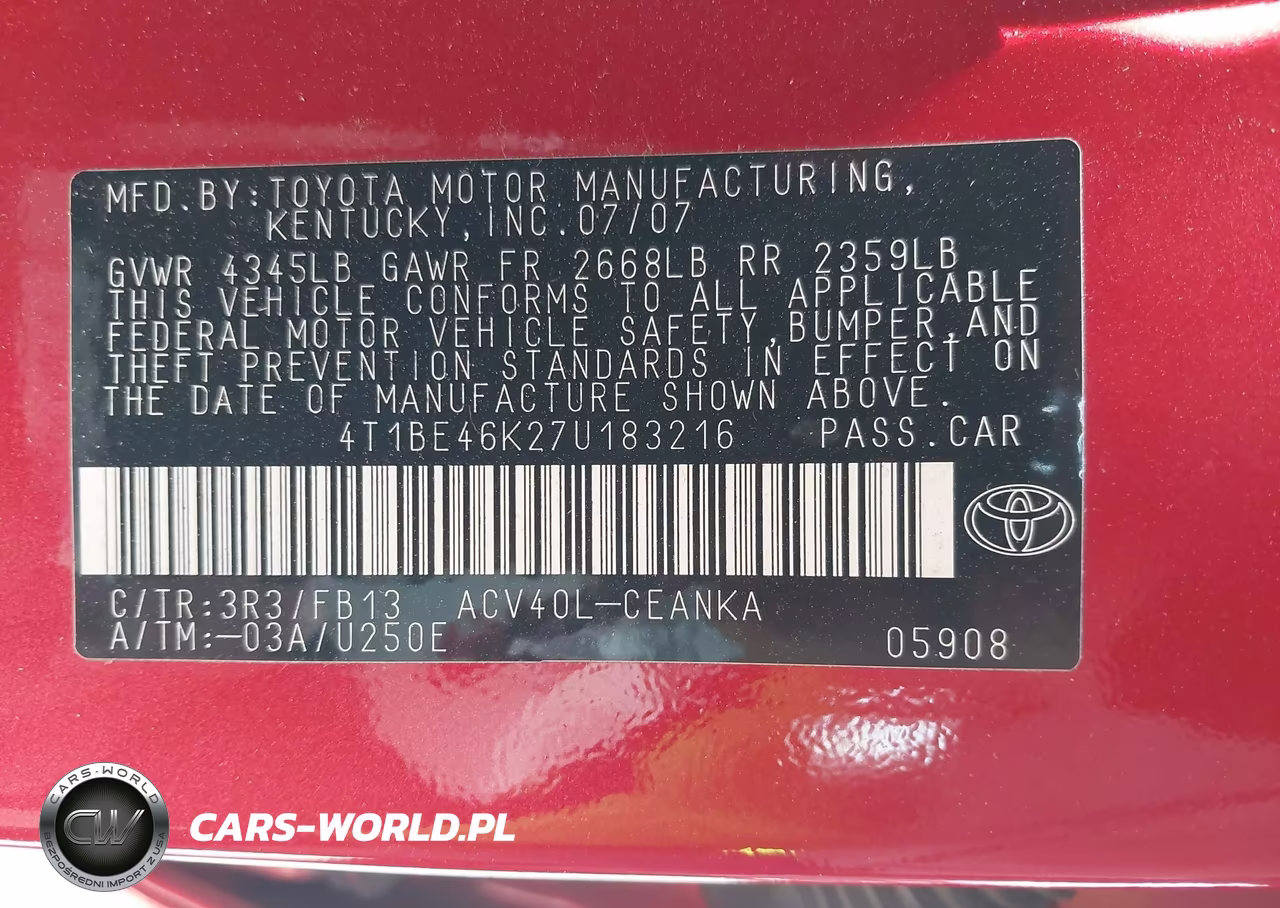 2007 Toyota Camry Le VIN:4T1BE46K27U183216 - 9
