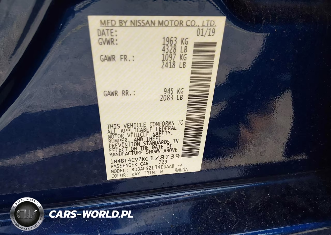 2019 Nissan Altima 2.5 Sr VIN:1N4BL4CV2KC178739 - 9